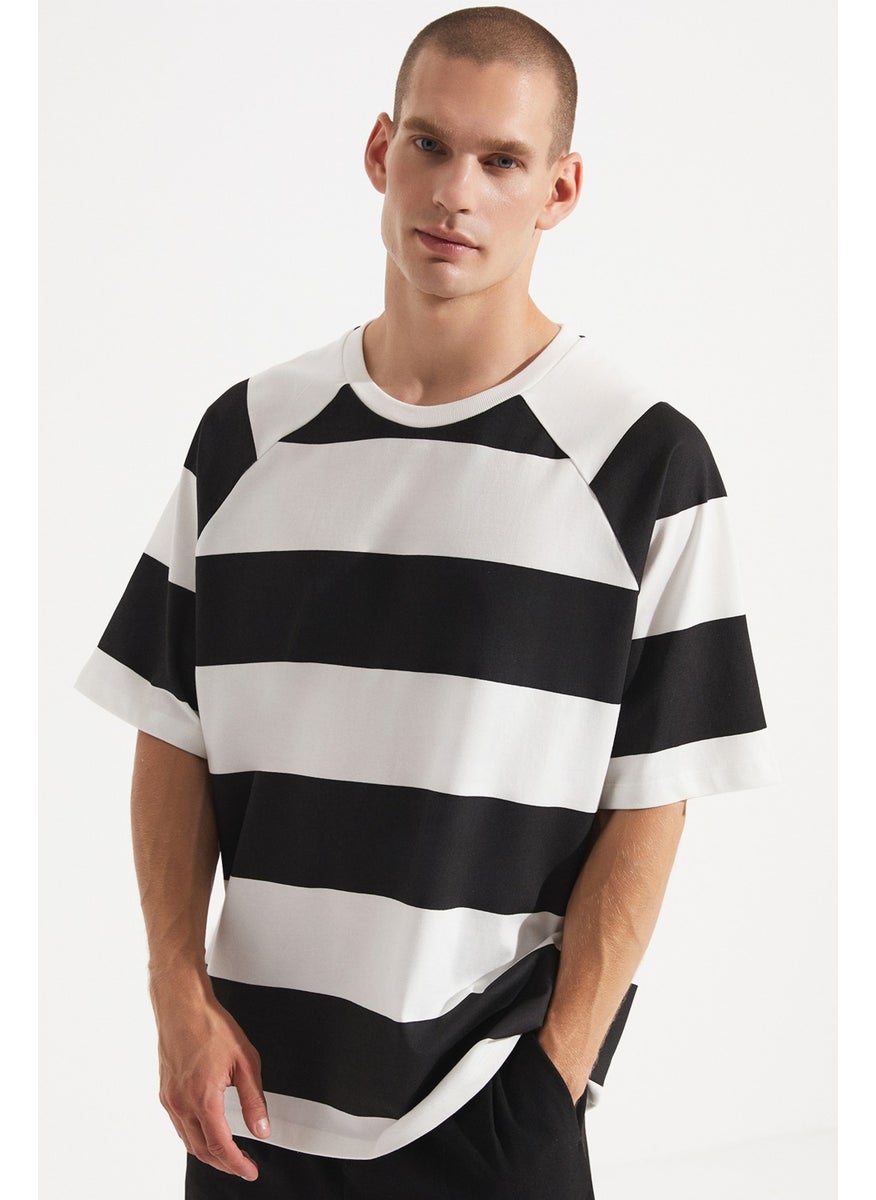 Men's Oversize 100% Cotton Crew Neck Striped T-Shirt