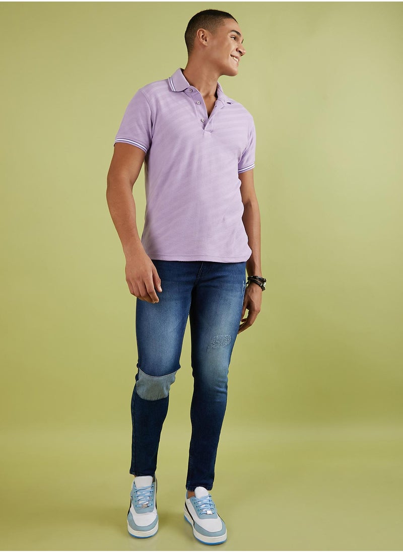 Men's Lavender Self-Design Regimental Striped T-Shirt