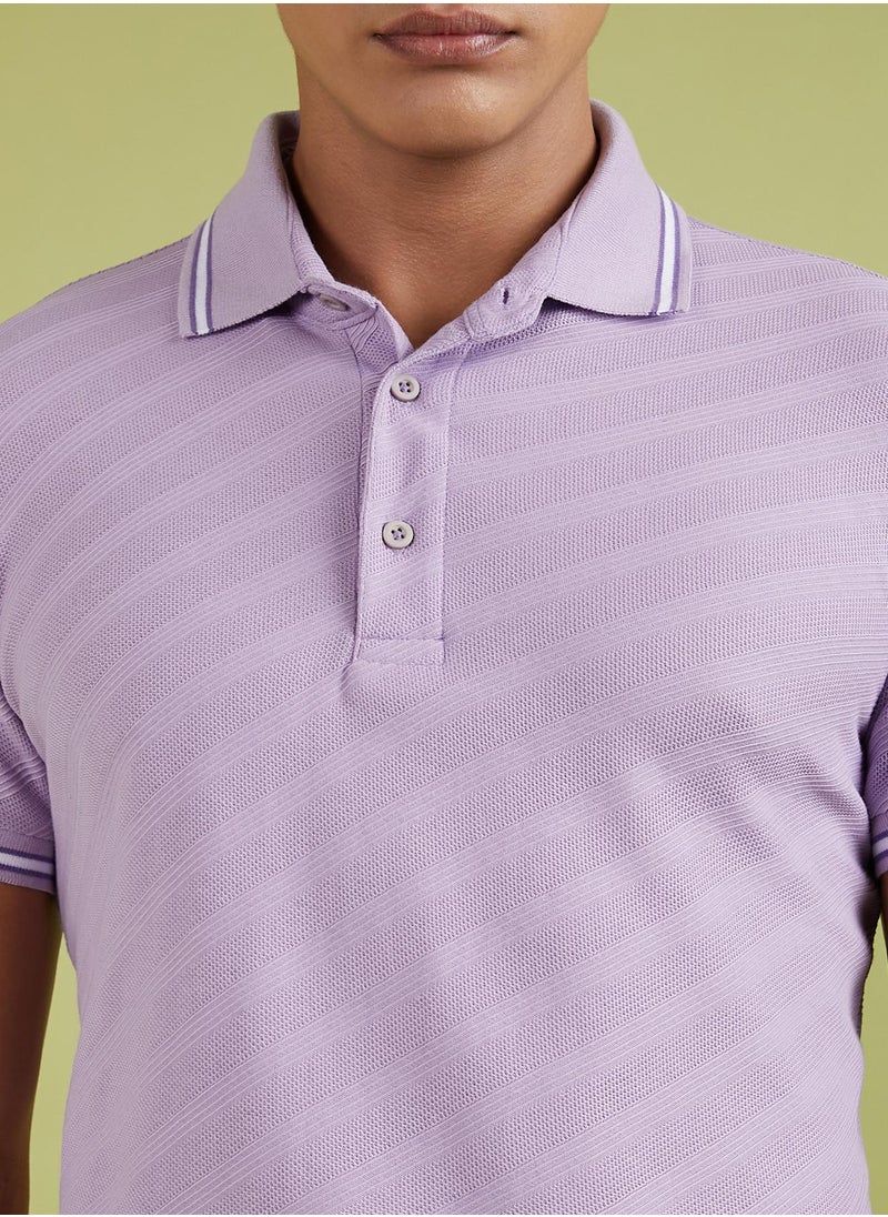 Men's Lavender Self-Design Regimental Striped T-Shirt