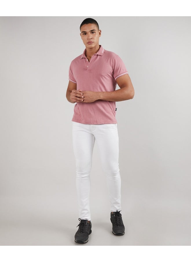 Men's Coral Pink Self-Design Halo Striped T-Shirt