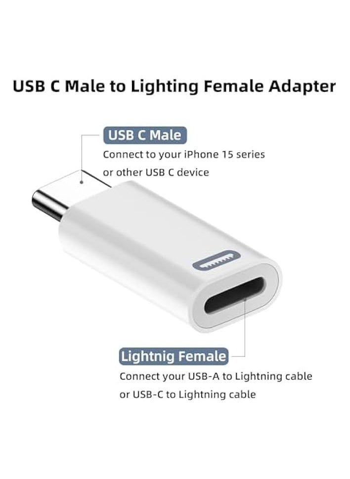 2 Pack USB-C Male to Lightning Female Adapter, USB Type C to Lightning Connector for iPhone 15/15 Plus/15 Pro/15 Pro Max, iPad Air, Support PD Fast Charging and Data Transfer (White)