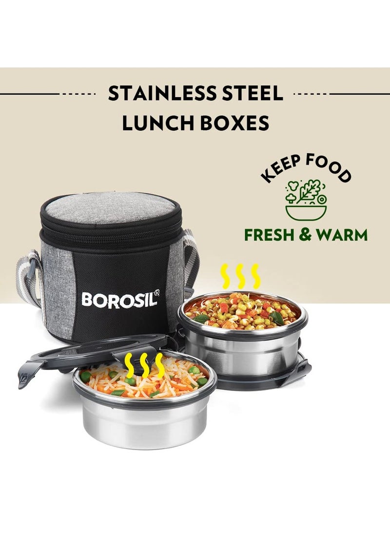 Borosil Feast Stainless Steel Lunch Box with Carry Bag, Set of 2 (400 ml Each), Lunch Boxes for Office, School & College, Vertical