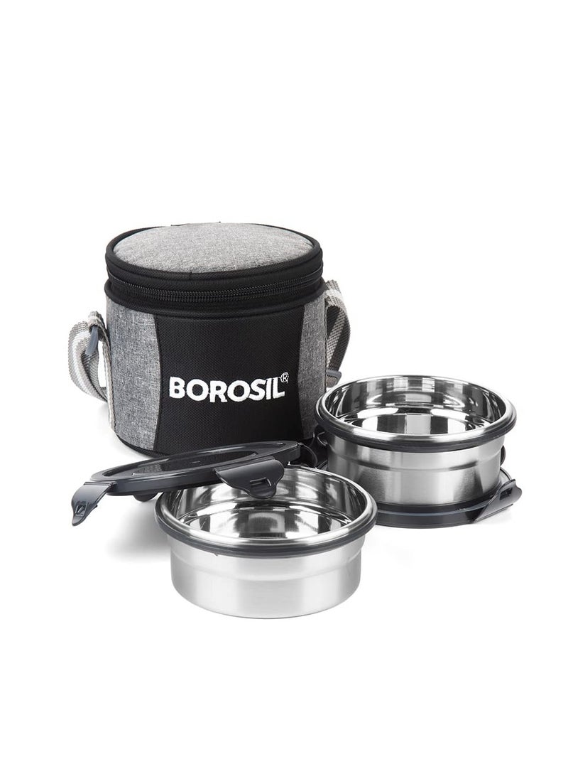 Borosil Feast Stainless Steel Lunch Box with Carry Bag, Set of 2 (400 ml Each), Lunch Boxes for Office, School & College, Vertical