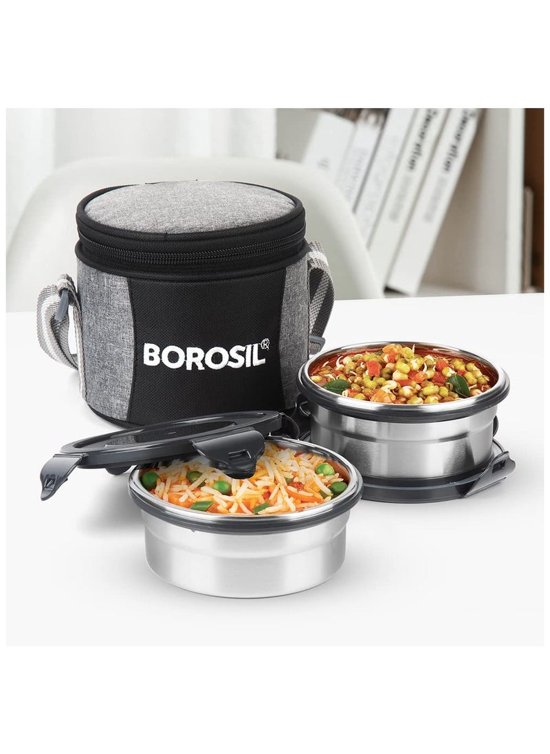 Borosil Feast Stainless Steel Lunch Box with Carry Bag, Set of 2 (400 ml Each), Lunch Boxes for Office, School & College, Vertical