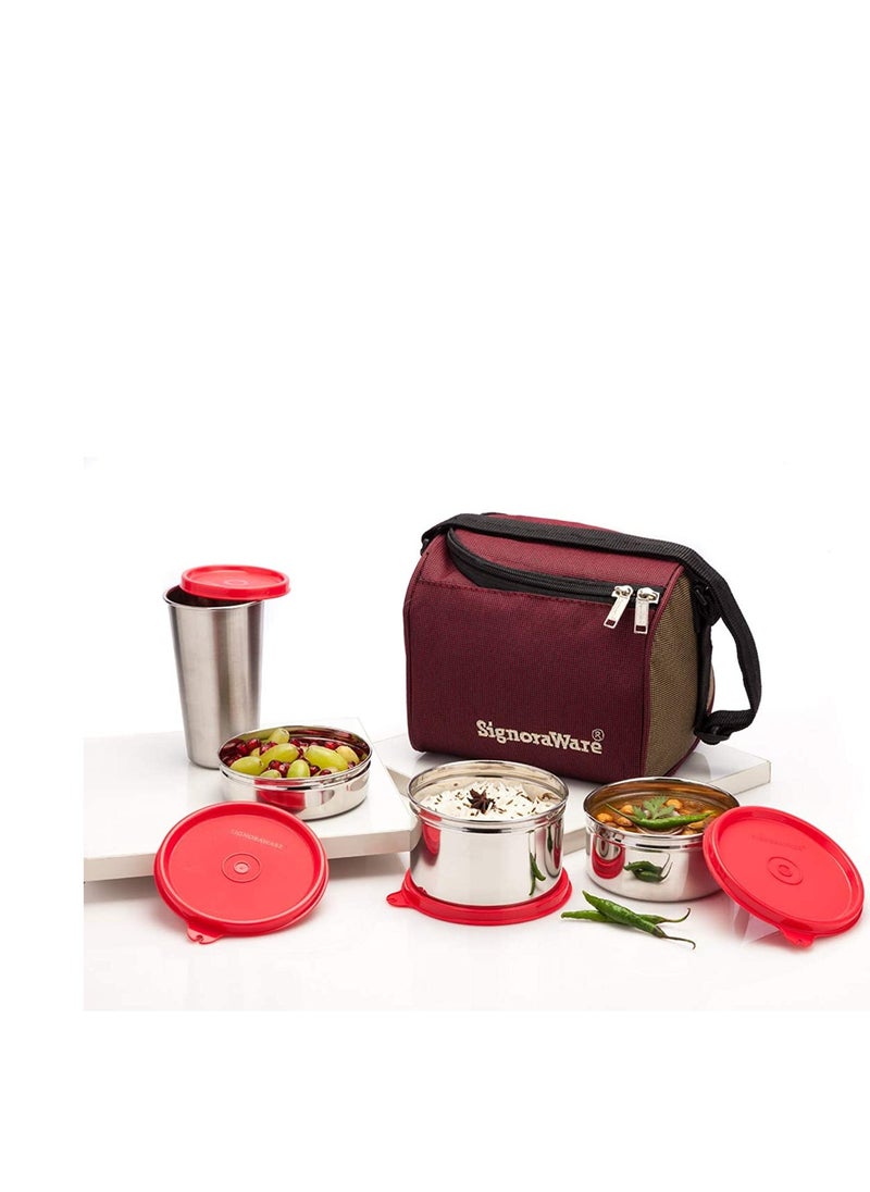 Signora ware best stainless steel innovative lunch box with bag, set of four, red - 1050 Ml