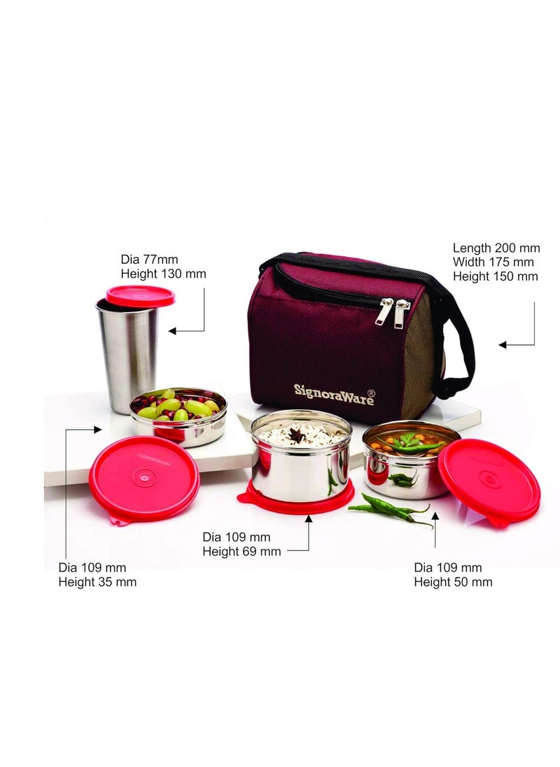 Signora ware best stainless steel innovative lunch box with bag, set of four, red - 1050 Ml