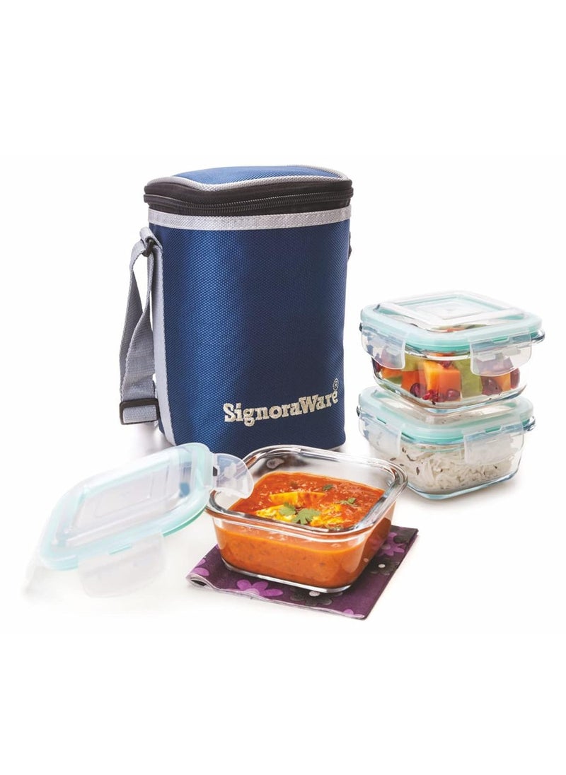Signoraware director high borosilicate bakeware safe glass lunch box set with bag, 320ml+320ml+320ml, three-pieces, transparent