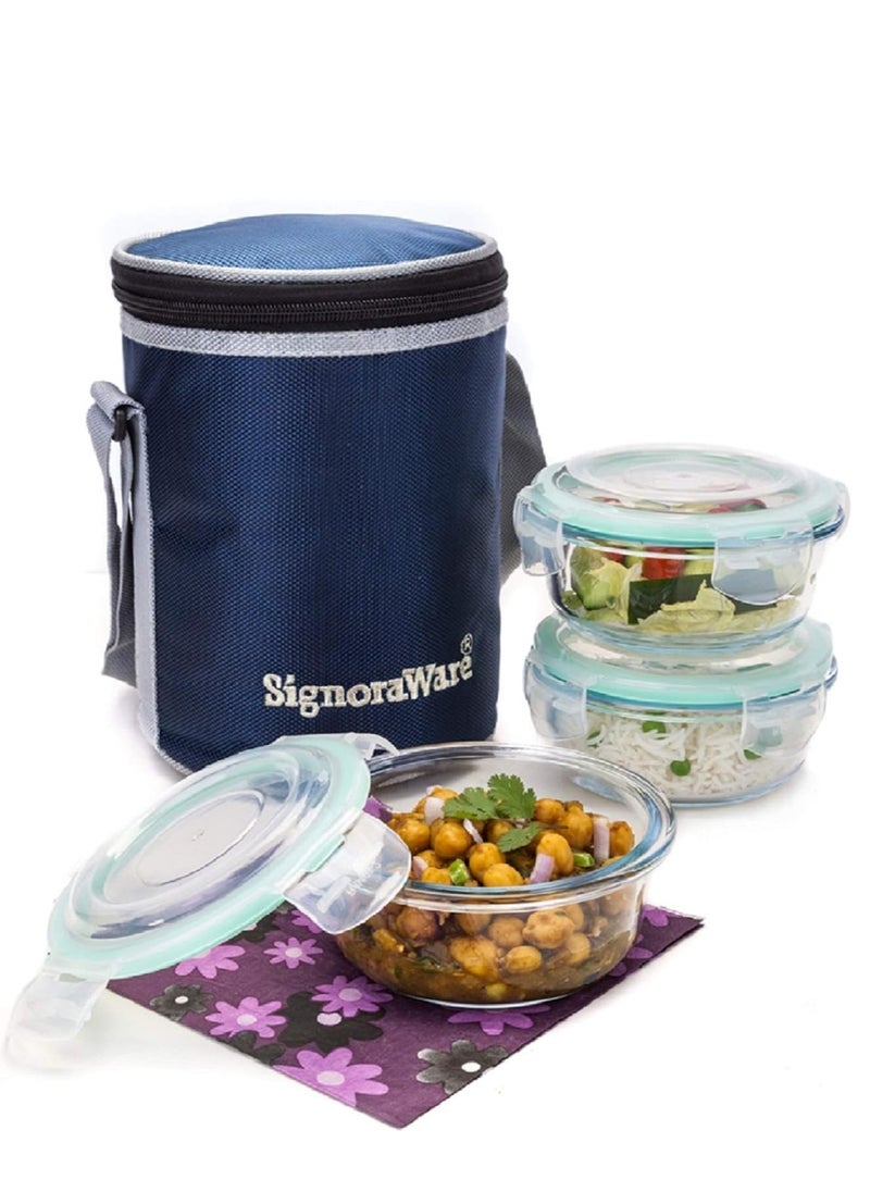 Signoraware executive high borosilicate bakeware safe glass lunch box set with bag, 400ml+400ml+400ml, 3-pieces, transparent