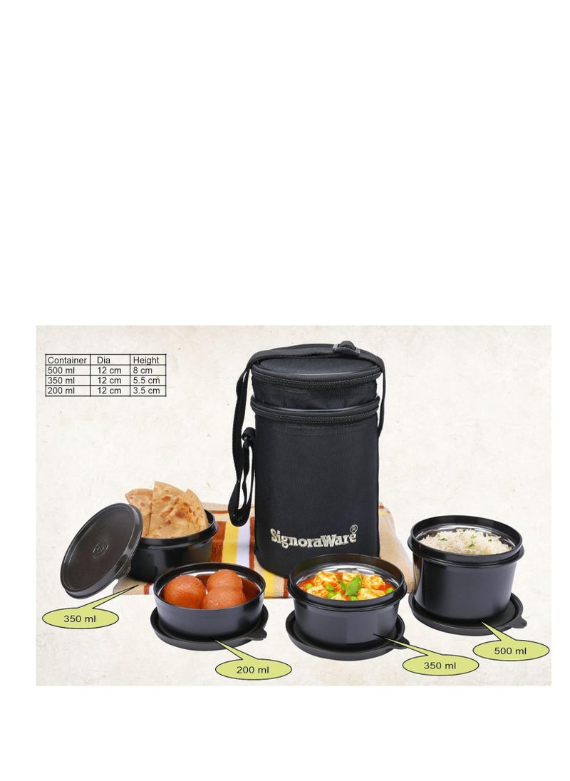 Signora ware monarch executive big microwave safe lunch box (4 stainless steel containers + Insulated bag, 500Ml+350Ml+350Ml+200Ml, set of four, black office series)