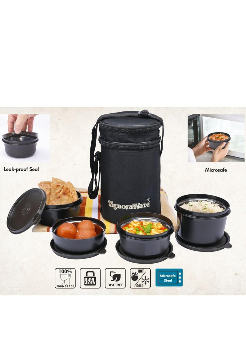 Signora ware monarch executive big microwave safe lunch box (4 stainless steel containers + Insulated bag, 500Ml+350Ml+350Ml+200Ml, set of four, black office series)