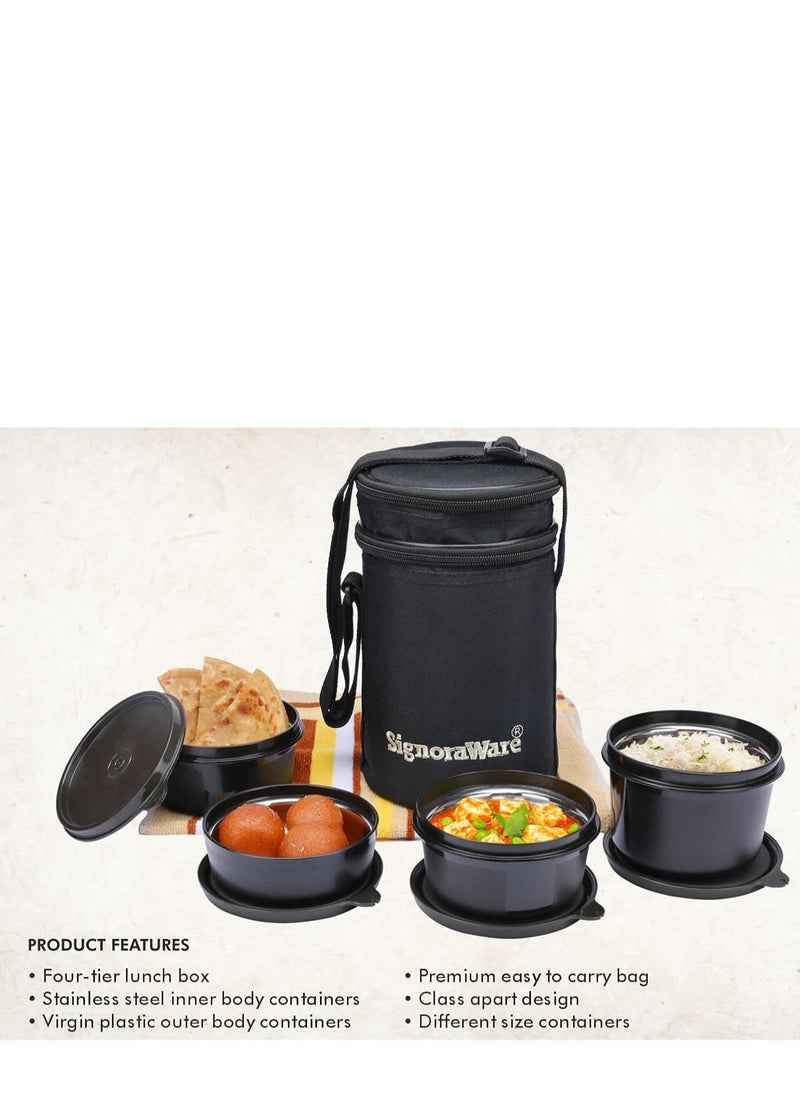 Signora ware monarch executive big microwave safe lunch box (4 stainless steel containers + Insulated bag, 500Ml+350Ml+350Ml+200Ml, set of four, black office series)