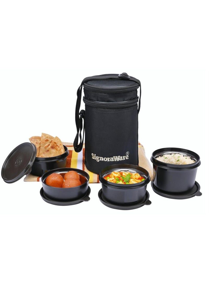 Signora ware monarch executive big microwave safe lunch box (4 stainless steel containers + Insulated bag, 500Ml+350Ml+350Ml+200Ml, set of four, black office series)