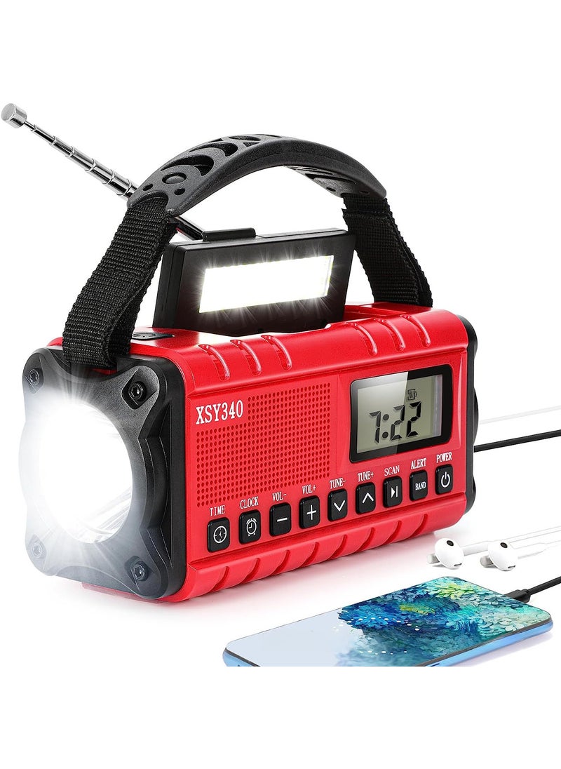 Multi-Functional Emergency Radio with Hand Crank and Solar USB Charging Red