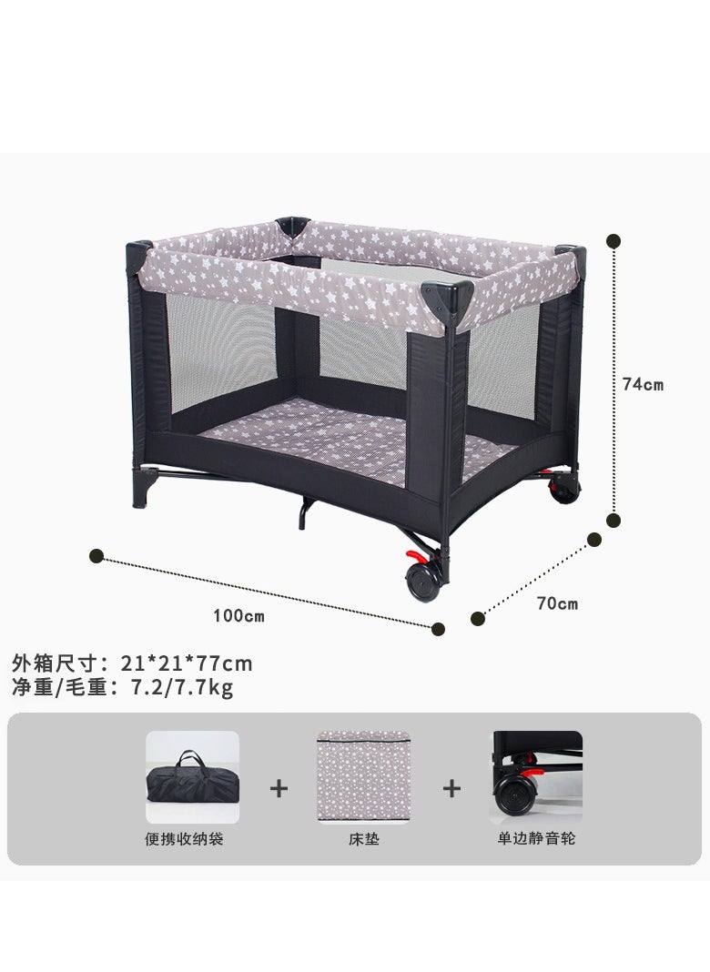 Foldable Baby Bed and Playpen with Mattress, Starry Grey Fabric, Easy One-Button Fold, Wheels with Brakes - 100x70x74.5 cm