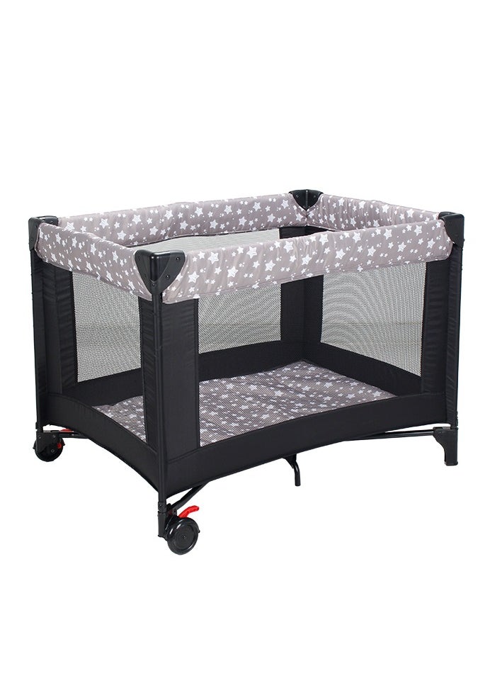 Foldable Baby Bed and Playpen with Mattress, Starry Grey Fabric, Easy One-Button Fold, Wheels with Brakes - 100x70x74.5 cm