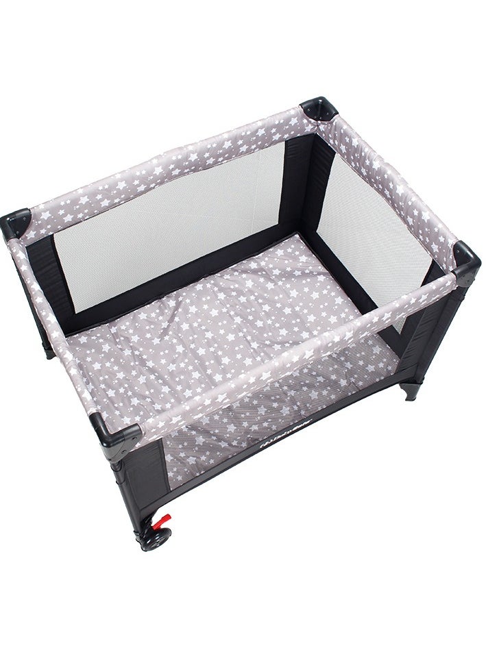 Foldable Baby Bed and Playpen with Mattress, Starry Grey Fabric, Easy One-Button Fold, Wheels with Brakes - 100x70x74.5 cm