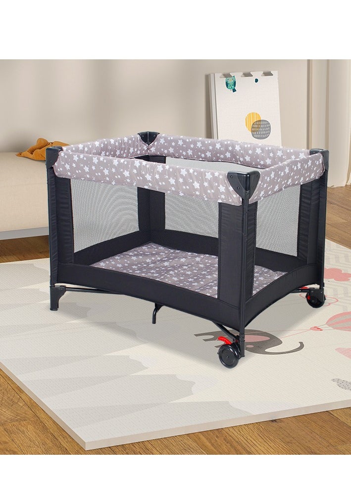 Foldable Baby Bed and Playpen with Mattress, Starry Grey Fabric, Easy One-Button Fold, Wheels with Brakes - 100x70x74.5 cm