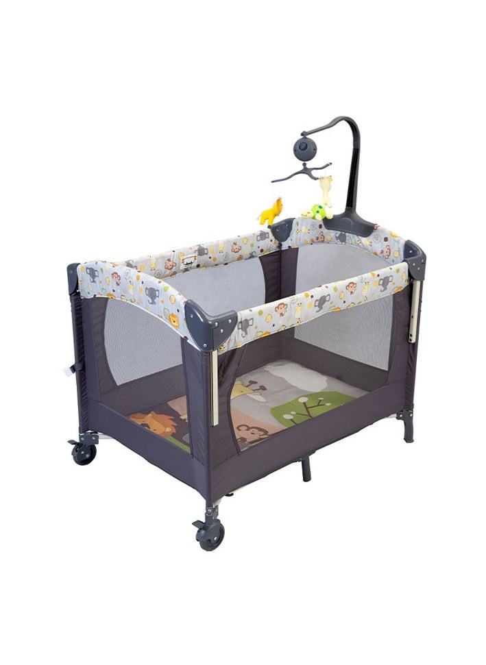 Multifunctional Baby Bed with U-Shaped Diaper Rack, Toy Bar with Music Box, and Storage Bag | Adjustable Long Armrest & Side Hook | Converts into Playpen & Sleeping Bed | 2-Layer Hanging Hook Design, Brake Wheels, Iron Frame, TD Fabric