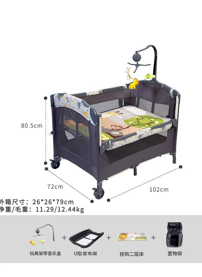 Multifunctional Baby Bed with U-Shaped Diaper Rack, Toy Bar with Music Box, and Storage Bag | Adjustable Long Armrest & Side Hook | Converts into Playpen & Sleeping Bed | 2-Layer Hanging Hook Design, Brake Wheels, Iron Frame, TD Fabric