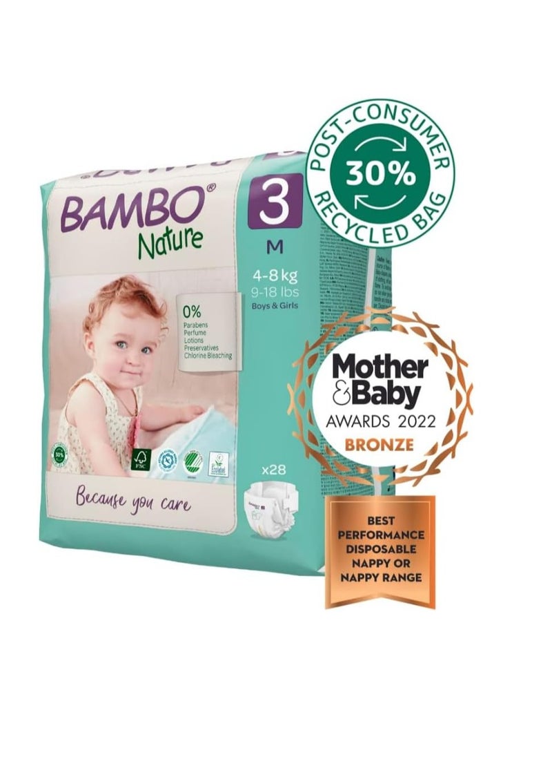 Bambo Nature Premium Eco Nappies, Eco-Labelled Sustainable Nappies, Enhanced Leakage Protection, Secure & Comfortable Baby Nappies, Secure & Comfortable - Size 3 (1 X Pack Of 28)