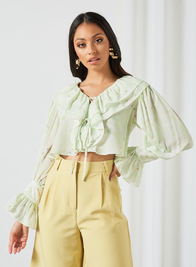 Double Frill Neck Chiffon Crop Top Green