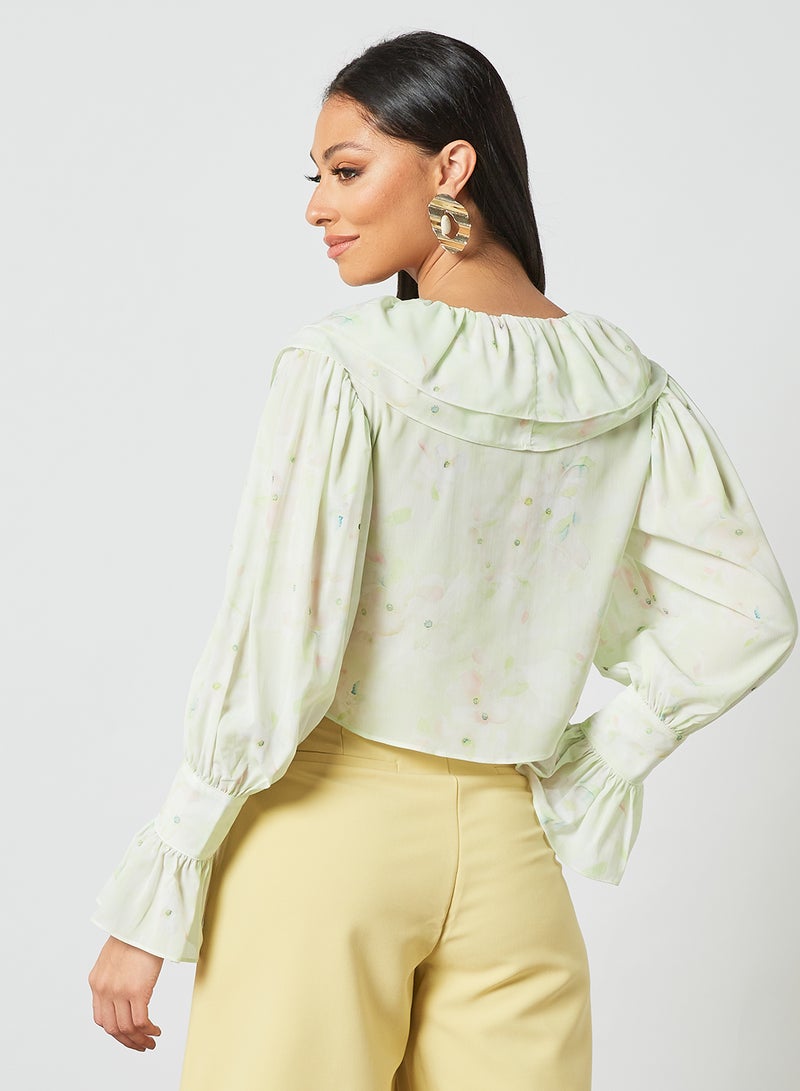 Double Frill Neck Chiffon Crop Top Green