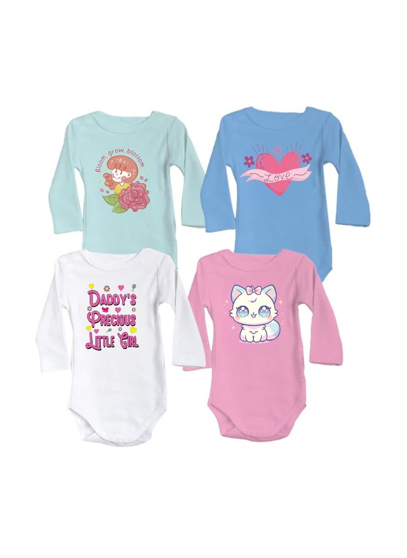 Baby Romper Set for Girls - Pack of 4 Long Sleeve Cotton Rompers - Cute Outfits for Newborns and Toddlers with Snap Closure - Gift for Baby Girls