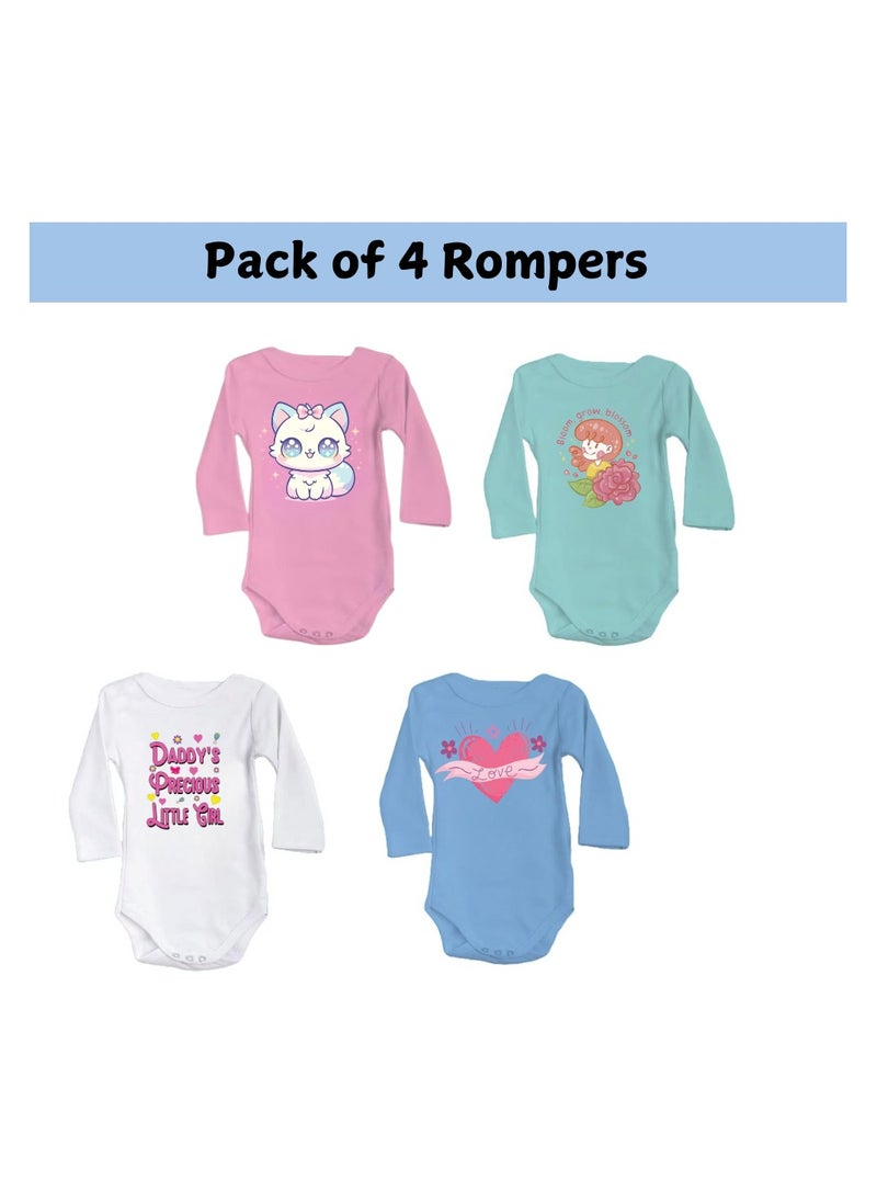 Baby Romper Set for Girls - Pack of 4 Long Sleeve Cotton Rompers - Cute Outfits for Newborns and Toddlers with Snap Closure - Gift for Baby Girls