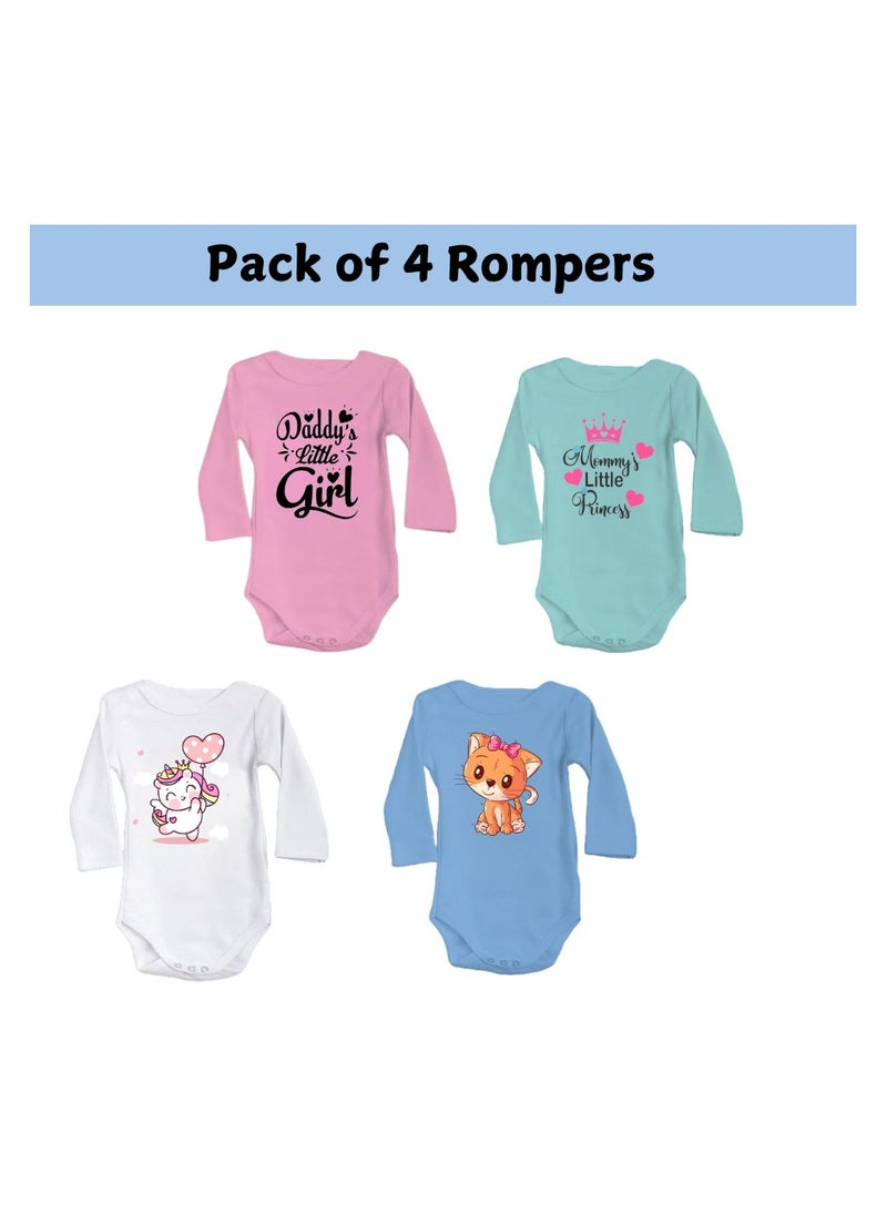 Baby Romper Set for Girls - Pack of 4 Long Sleeve Cotton Rompers - Cute Outfits for Newborns and Toddlers with Snap Closure - Gift for Baby Girls