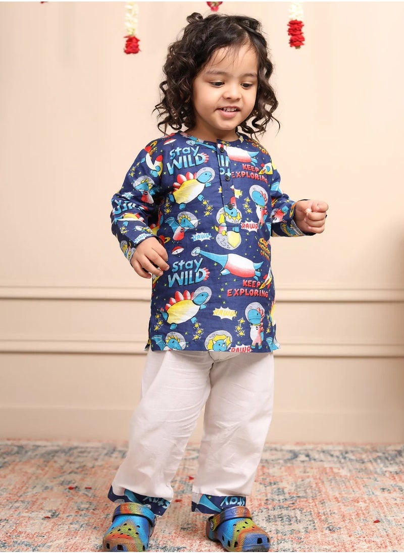 Polka Tots Full Sleeves Night Wear Space Kurta Pyjama - Blue