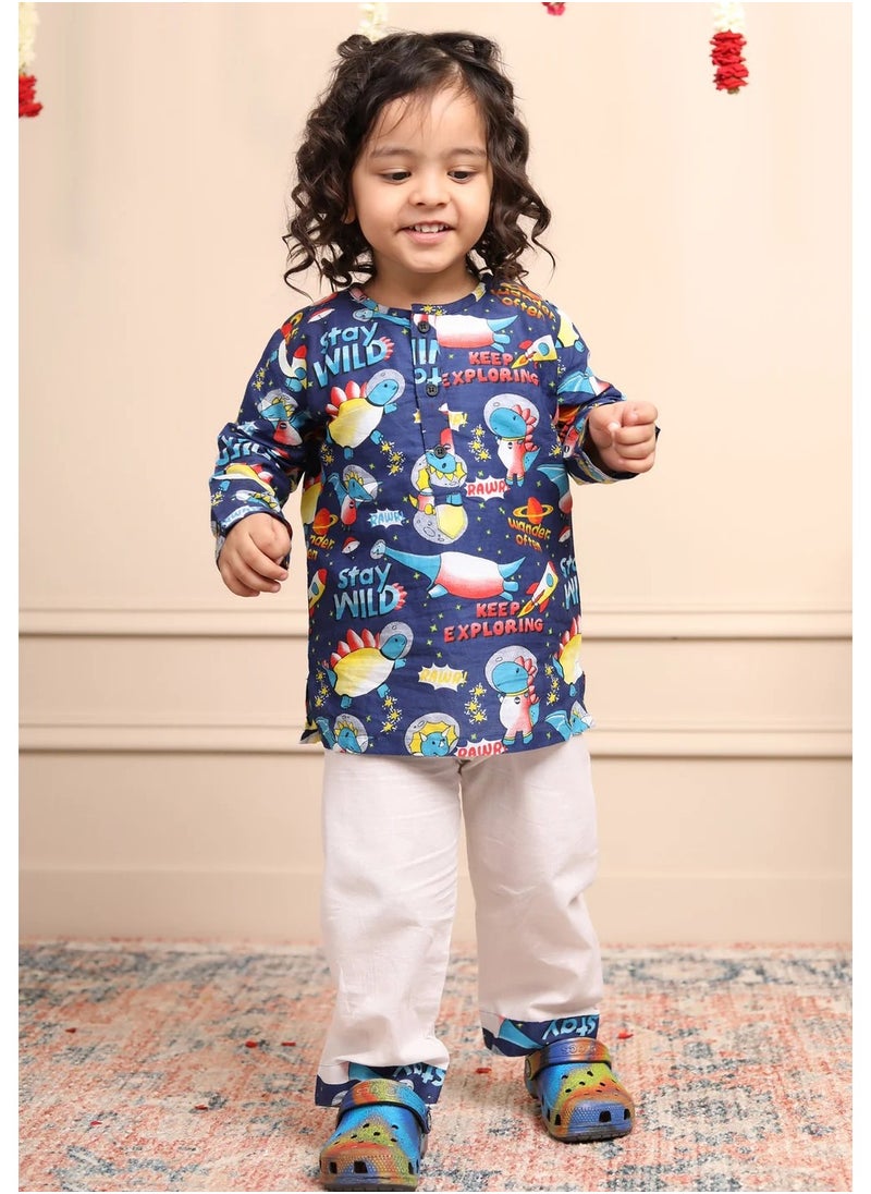 Polka Tots Full Sleeves Night Wear Space Kurta Pyjama - Blue