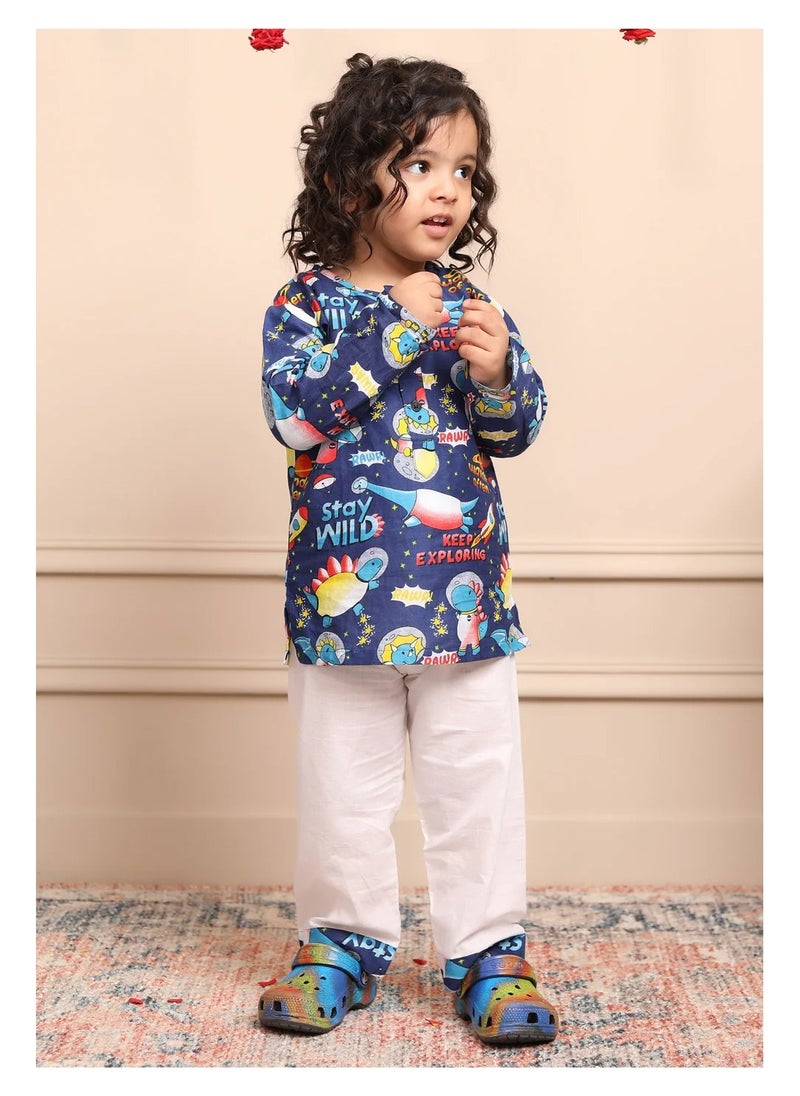 Polka Tots Full Sleeves Night Wear Space Kurta Pyjama - Blue