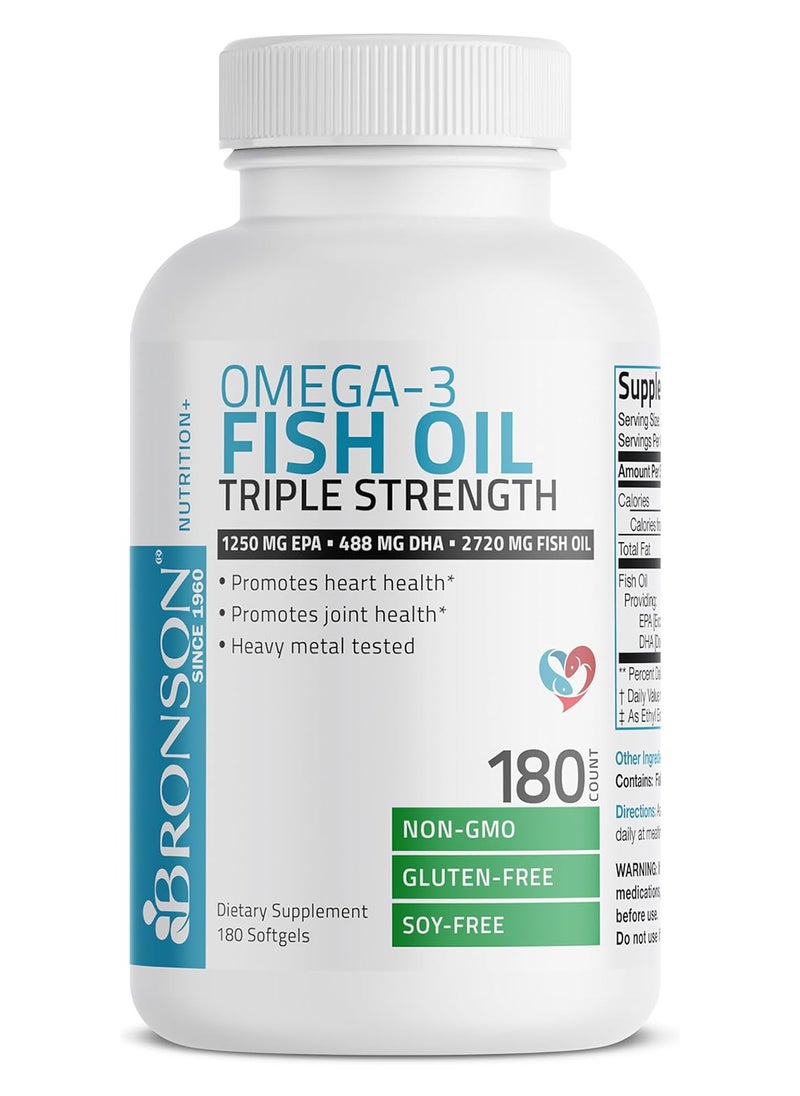 Omega 3 Fish Oil Triple Strength 2720 Mg Nongmo Heavy Metal Tested 1250 Epa 488 Dha 180 Softgels