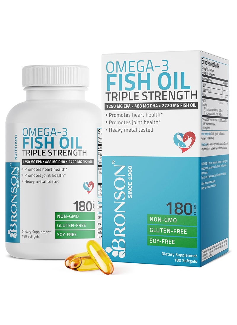 Omega 3 Fish Oil Triple Strength 2720 Mg Nongmo Heavy Metal Tested 1250 Epa 488 Dha 180 Softgels