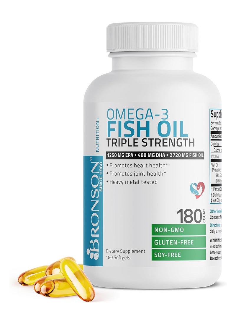 Omega 3 Fish Oil Triple Strength 2720 Mg Nongmo Heavy Metal Tested 1250 Epa 488 Dha 180 Softgels