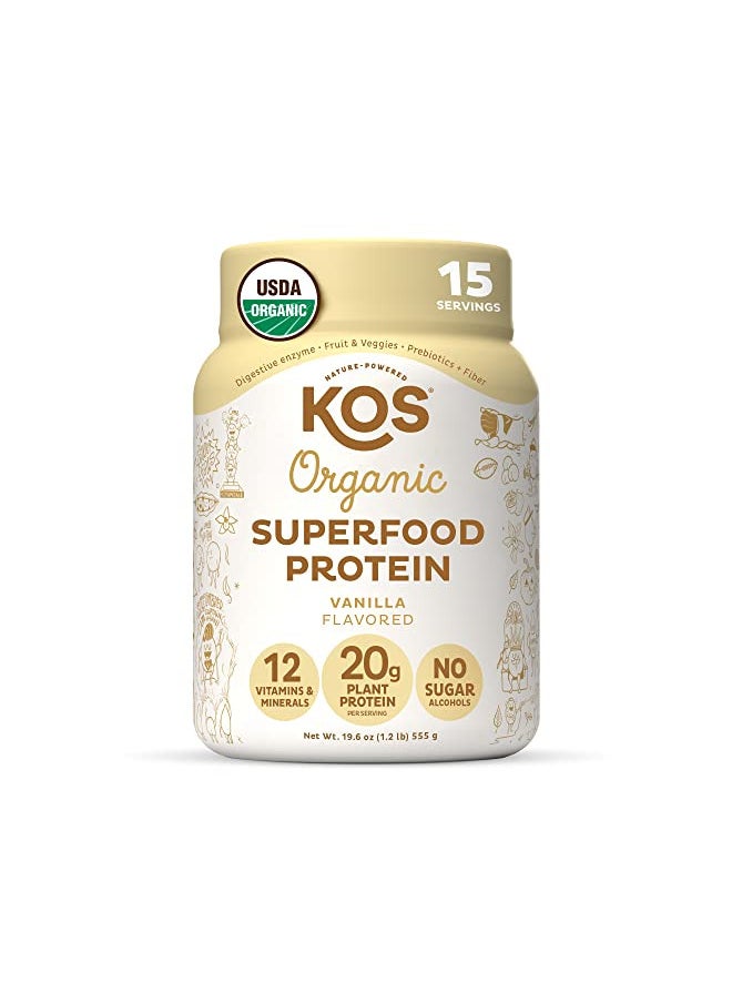 KOS Vegan Protein Powder Erythritol Free, Vanilla - USDA Organic Pea Protein Blend, Plant Based Superfood Rich in Vitamins & Minerals - Keto, Dairy Free - Meal Replacement for Women & Men, 15 Servings