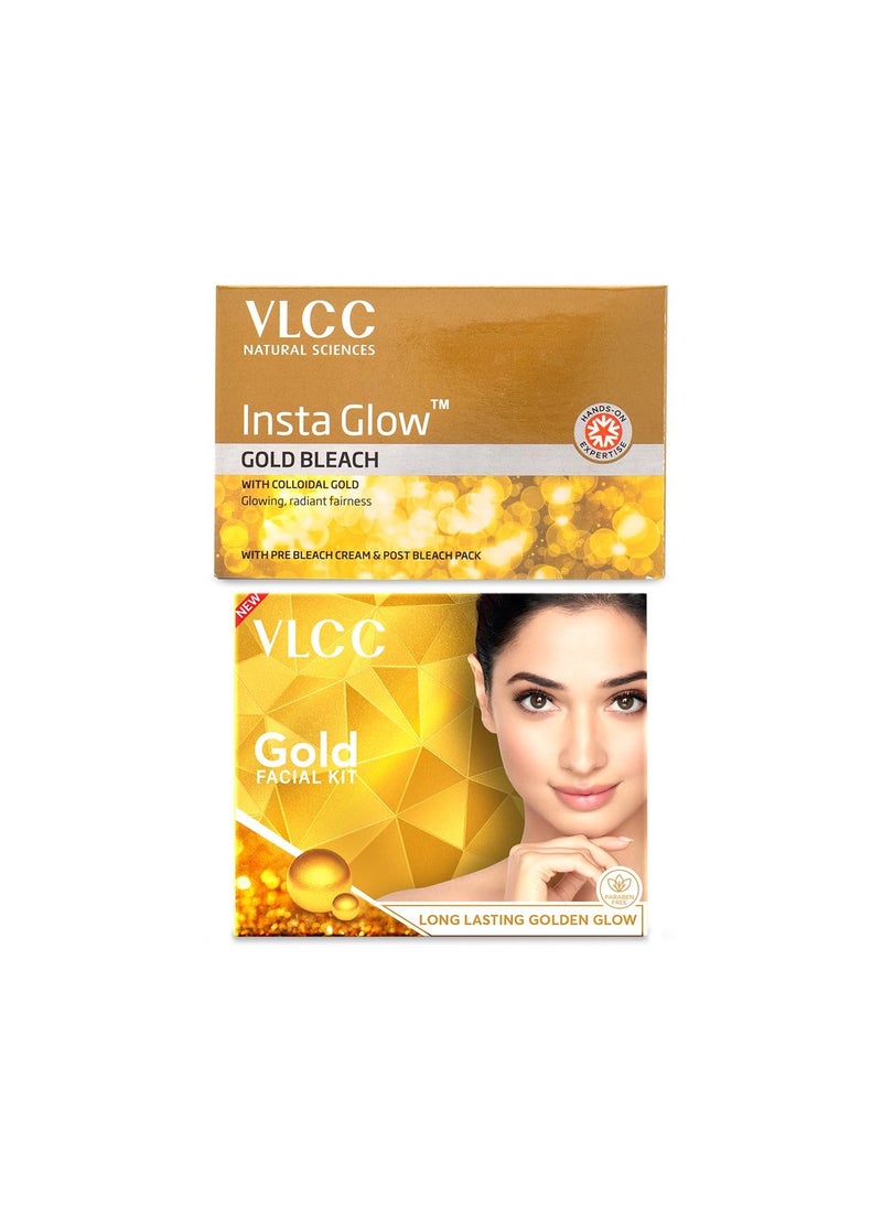 VLCC Gold Facial Kit, Bright & Glowing Skin - 60g and VLCC Insta Glow Gold Bleach - 30g | For Instant Fairness & Glowing Skin with Gold, and Turmeric