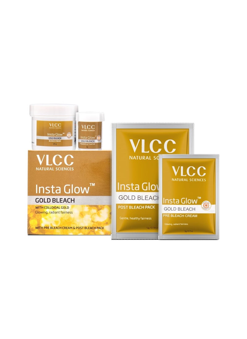 VLCC Gold Facial Kit, Bright & Glowing Skin - 60g and VLCC Insta Glow Gold Bleach - 30g | For Instant Fairness & Glowing Skin with Gold, and Turmeric