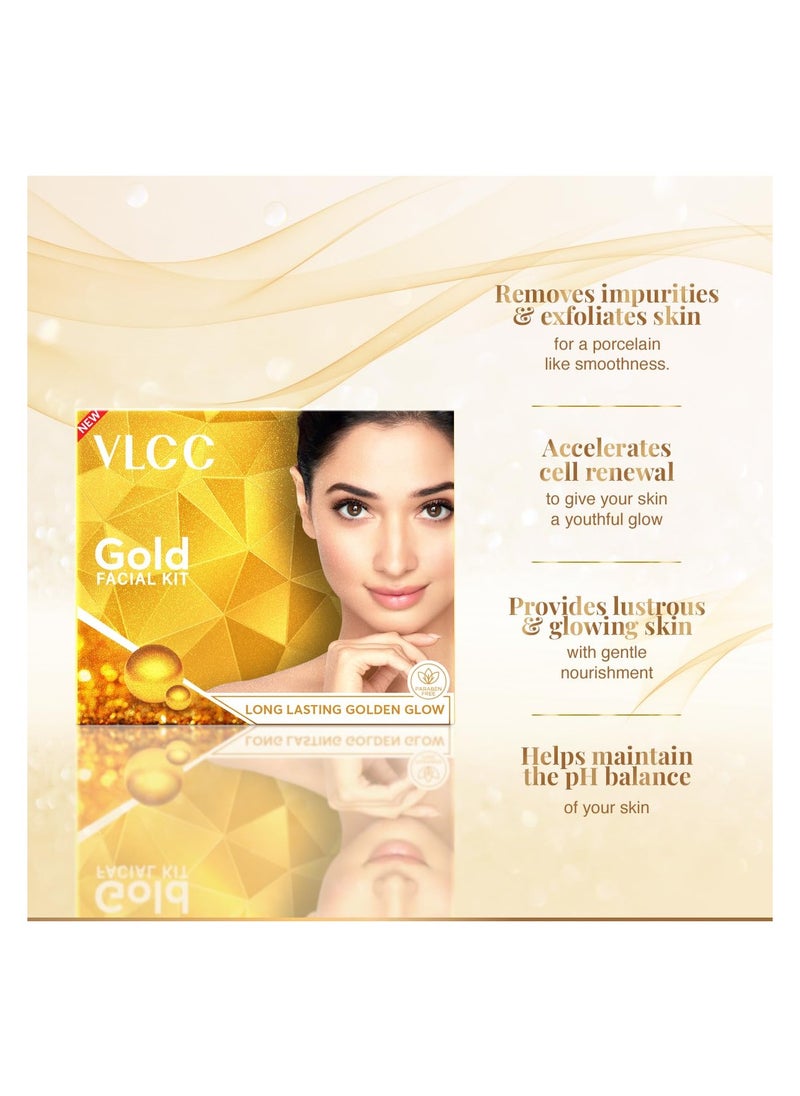 VLCC Gold Facial Kit, Bright & Glowing Skin - 60g and VLCC Insta Glow Gold Bleach - 30g | For Instant Fairness & Glowing Skin with Gold, and Turmeric