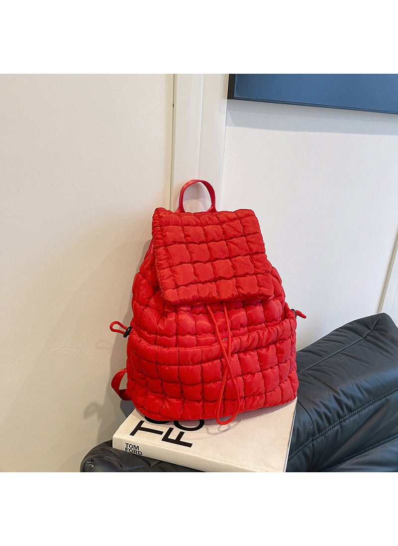 Autumn New Down Nylon Backpack Korean Commuter Large Capacity Backpack Pleated Fashionable Lightweight Travel Bag Red