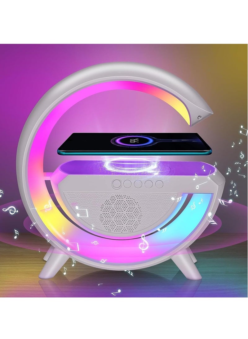 Sleek White Curved Portable Speaker with Multicolored LED Light Rings, Retro-Inspired Design, Glossy Finish, and Dynamic Audio Output