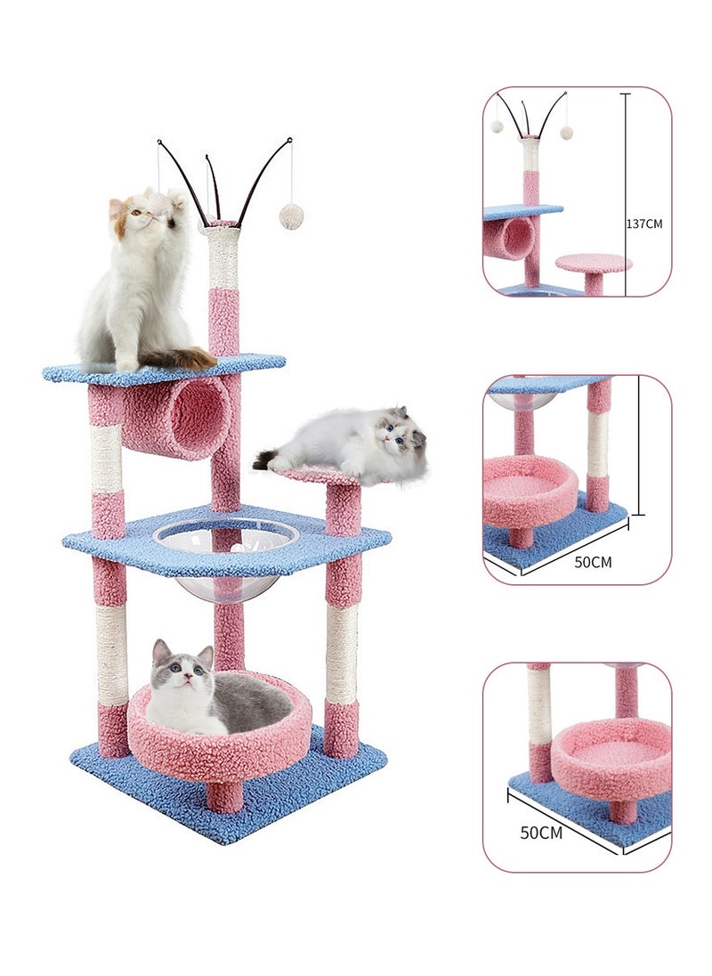 Tree-Shaped Pet Cat Climbing Frame With Cat Bed Hammock Cat Scratching Post Cat Hanging Ball Toy 50*50*137CM