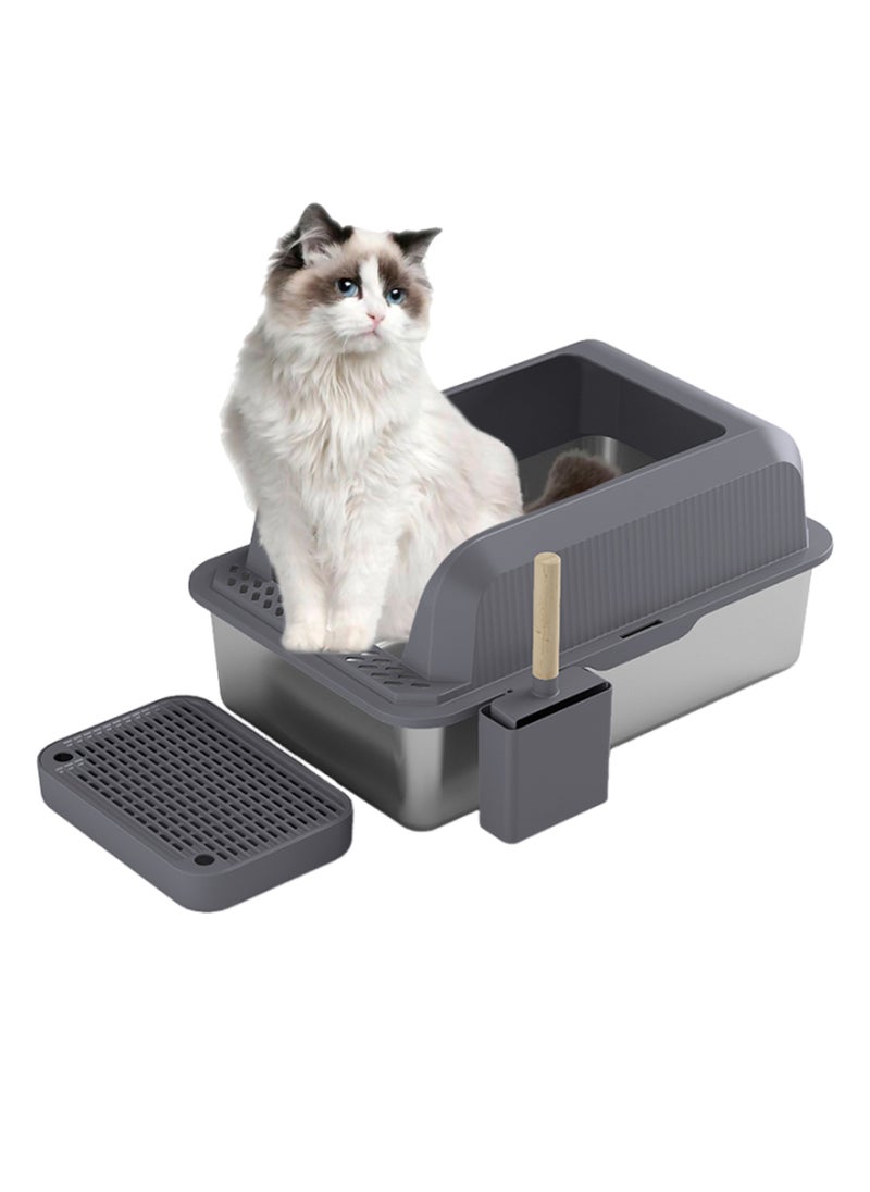 Stainless Steel Cat Litter Box Cat Litter Tray Enclosed Metal Litter Box Cat Toilet Pet Litter Box with Footboard & Scoop