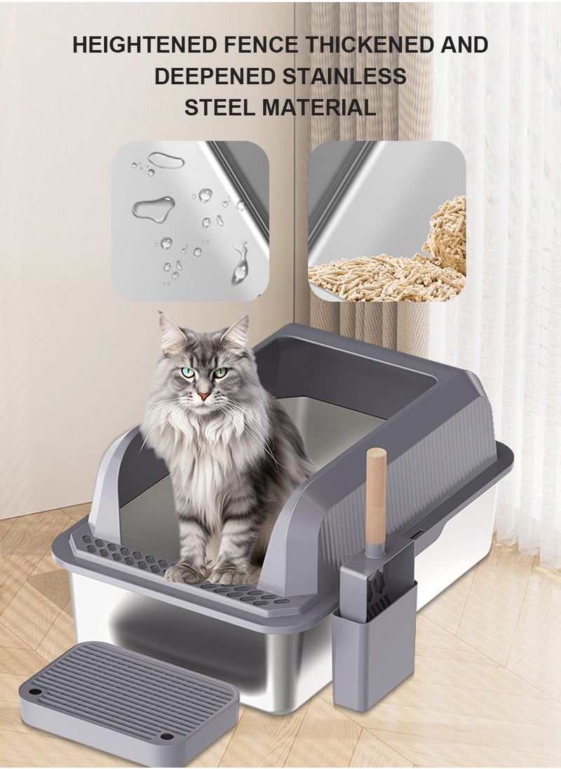 Stainless Steel Cat Litter Box Cat Litter Tray Enclosed Metal Litter Box Cat Toilet Pet Litter Box with Footboard & Scoop