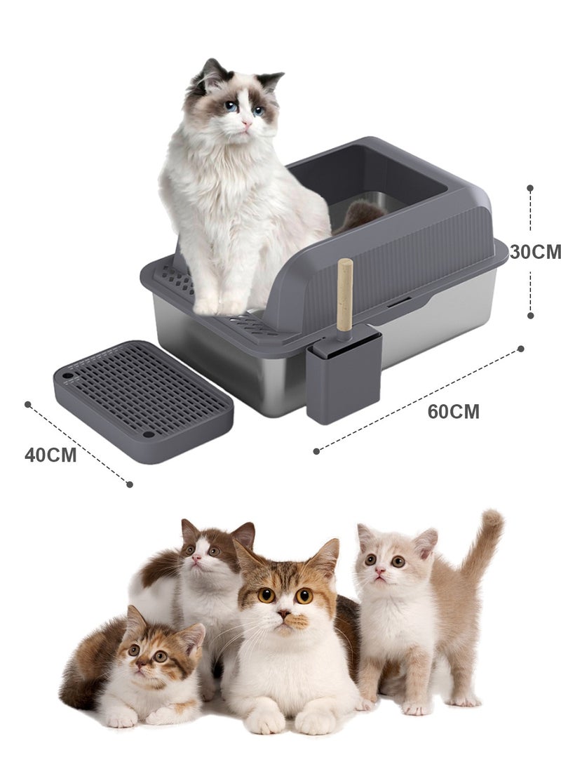 Stainless Steel Cat Litter Box Cat Litter Tray Enclosed Metal Litter Box Cat Toilet Pet Litter Box with Footboard & Scoop