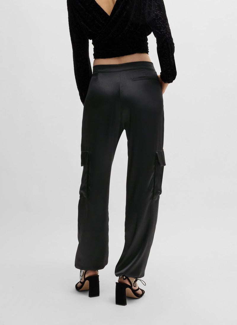 Straight-fit cargo trousers in satin with adjustable hems