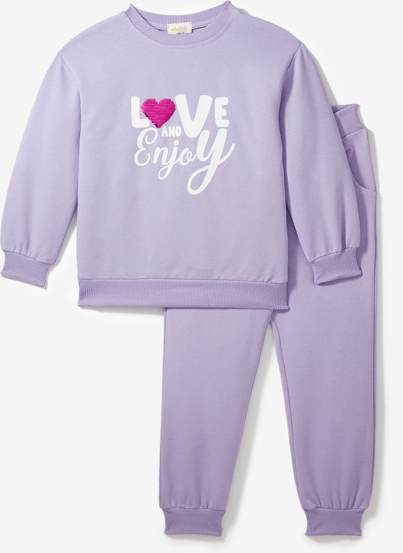 Girl Sequin Printed Tracksuit Set