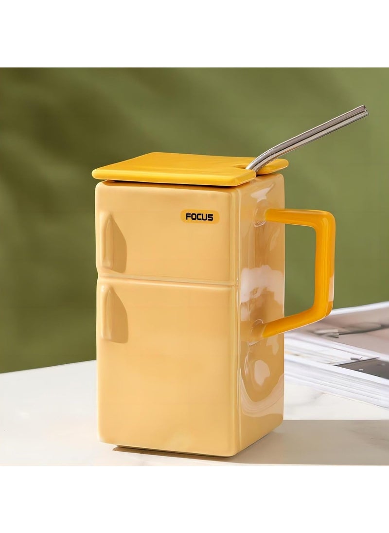 Refrigerator Marking Cup Ceramic Cup Funny Coffee Cup with Lid and Straw 550ml Cup for Office and Gift (Bright Yellow)