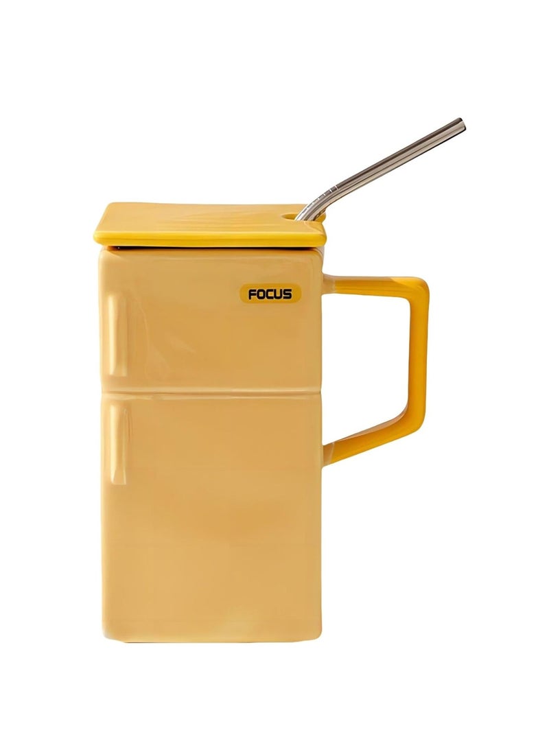 Refrigerator Marking Cup Ceramic Cup Funny Coffee Cup with Lid and Straw 550ml Cup for Office and Gift (Bright Yellow)