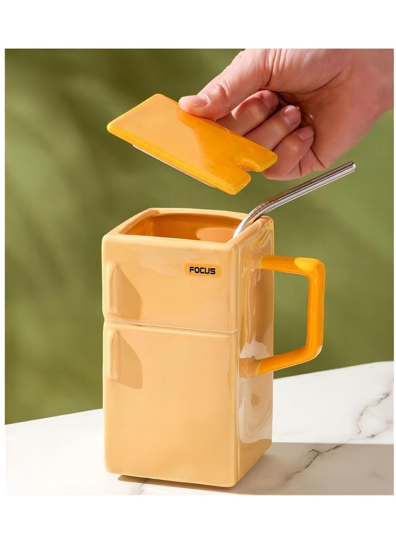 Refrigerator Marking Cup Ceramic Cup Funny Coffee Cup with Lid and Straw 550ml Cup for Office and Gift (Bright Yellow)